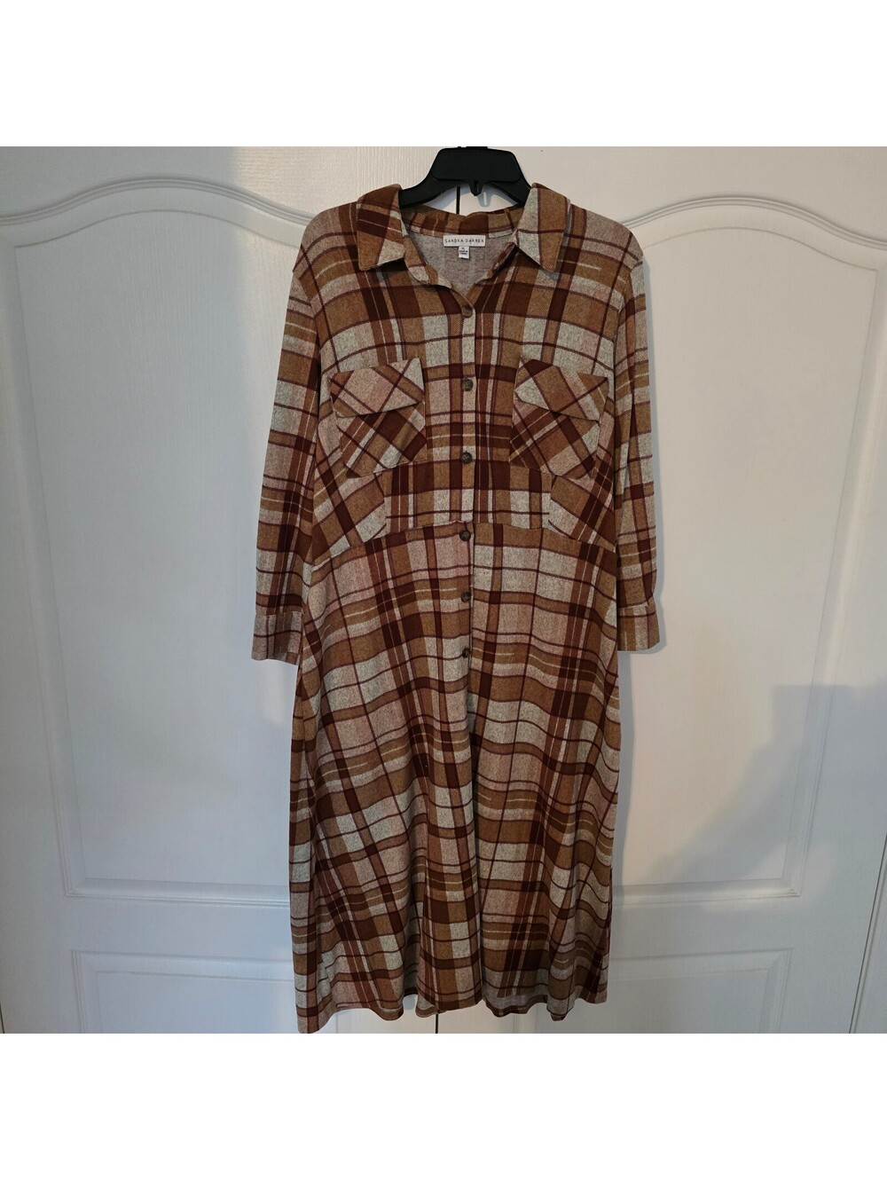 Sandra Darren Brown Plaid Shirt Dress